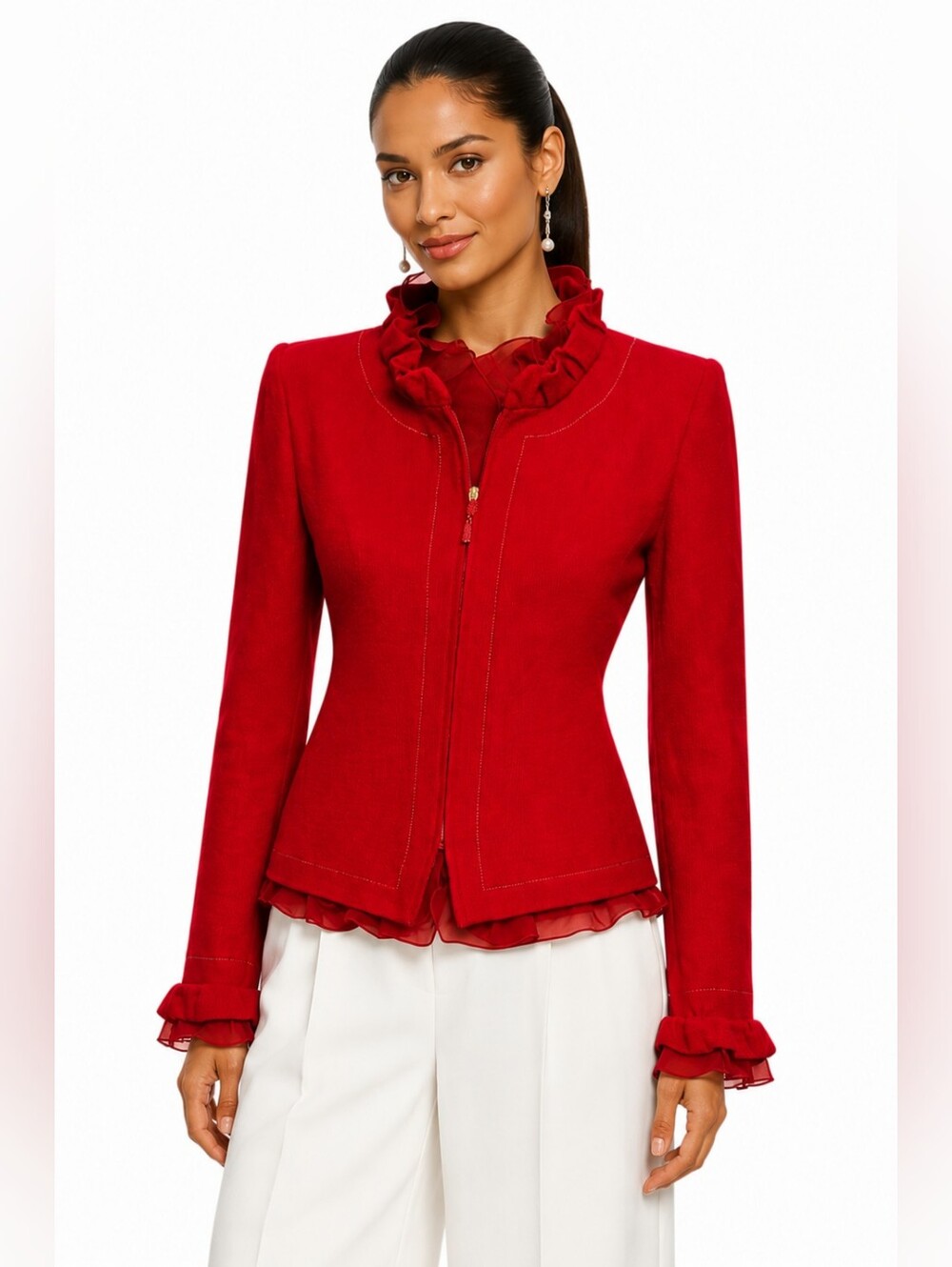 St. John Evening Size 8 Luxury Red Wool Silk Ruffle Knit Jacket